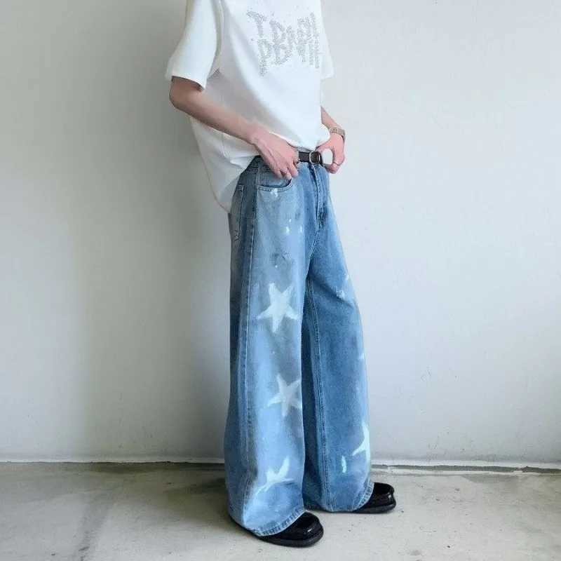 Mens Fashion Gradient Colour Baggy Jeans Loose Casual Long Graffiti Star Design Pants Autumn American Vintage Casual Wide JeansZ250917