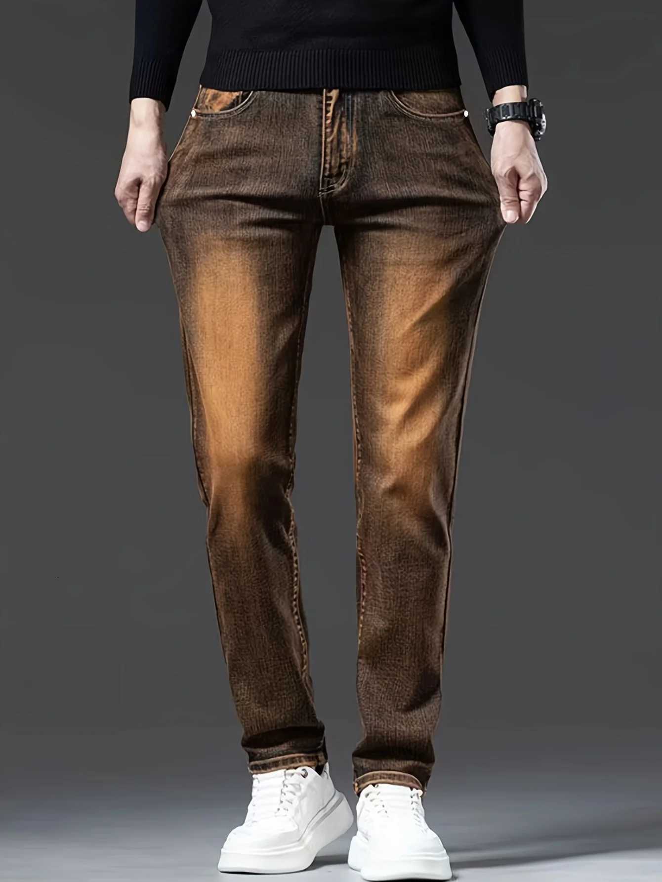 Vintage Fashion Mens Straight Jeans Stretch Washed Breathable Cowboy Casual Trousers New Trendy Gradient Color Denim PantsZ250917