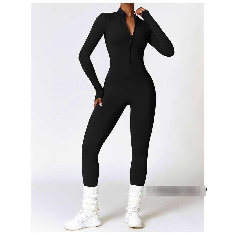 Ski Bodysuit - Fleece-Lined Women Yoga Jumpsuit Fitness Sports Suit Zipper Elastic One-Piece Bodysuits Gym Long Sleeve Gym Runing Push Up Workout Spor