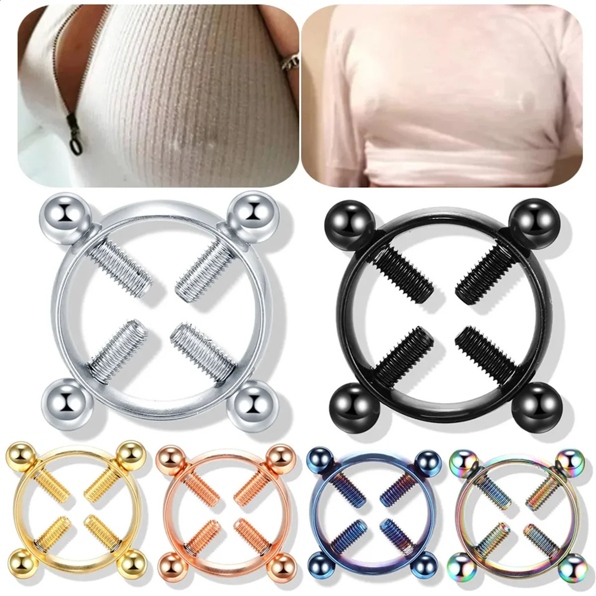 1Pair Fashion Stainless Steel Adjustable Nipple Ring For Women Various Colors Clip On Rings Piercing Jewelry 250916
