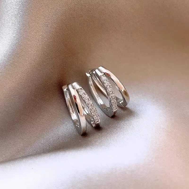 Trendy Silver Color Double Layered Zircon Earrings For Women Fashion Korean Simple Circle Hoops Earrings Party Wedding Jewelry D250917
