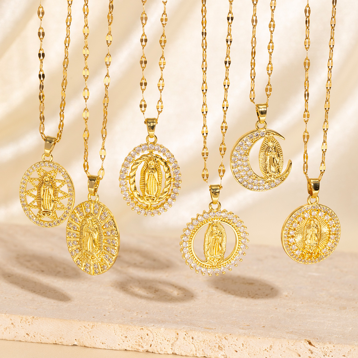 Gold - Toned Round Pendant Necklace With Religious Motif And Crystal Accents Delicate Daily & Elegant Spiritual Jewelry Gift For Her Exquisite Meaning
