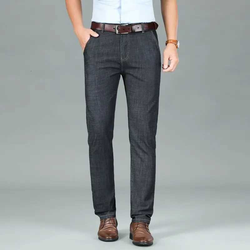 Autumn and Winter Seasons Lightweight Fit Straight Mens Jeans Classic Business Clothes Thin Cotton Elastic High Waist CasualZ250917