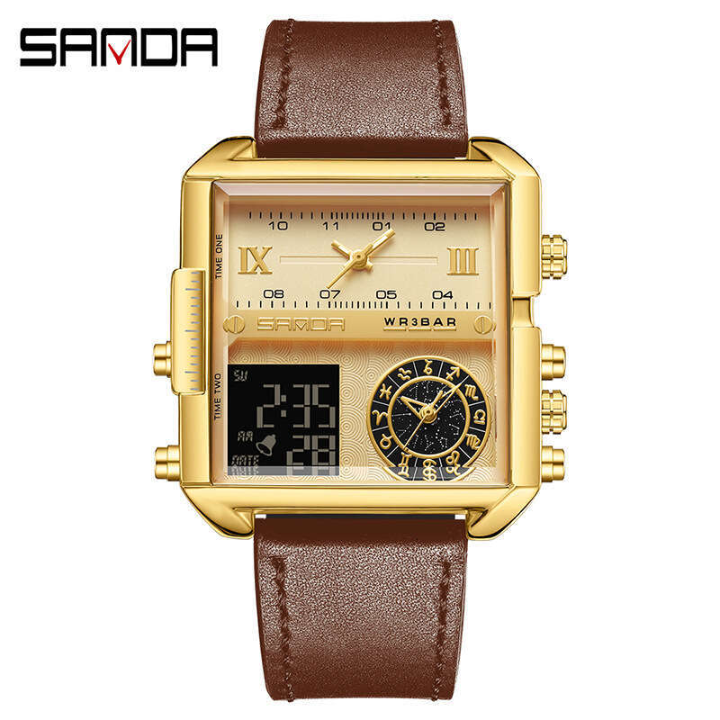 DHgargets Sanda Square Large Dial Multi-Function Three Time Zone Men's Business Electronic Watch