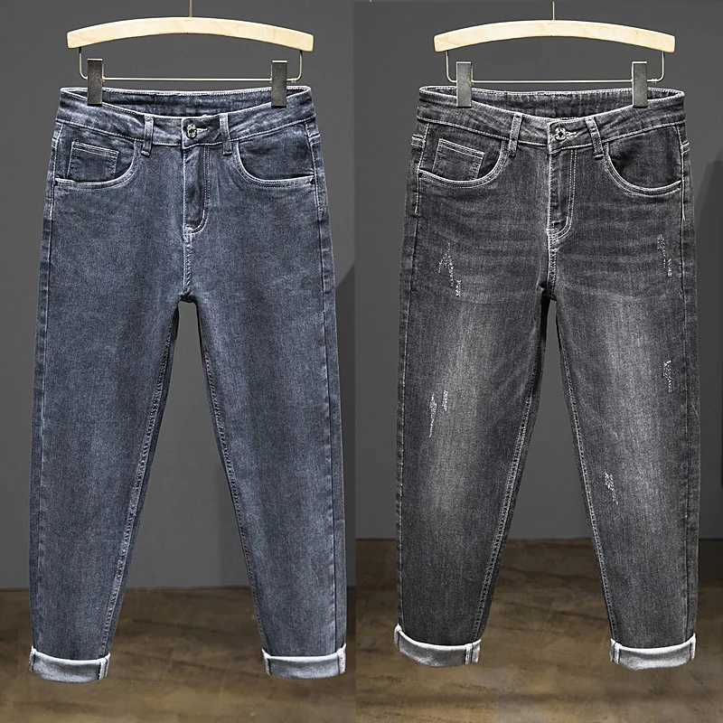 2024 New Spring Autumn Mens NinePoint Pants Slim Jeans Fashion Casual Denim Trousers Smoke Gray Blue Gray Brand ClothingZ250917