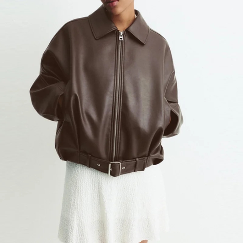 Womens Fashion Lapel PU Leather Jacket Loose Full Sleeve Zipper Waist Belt Lace Up Coats Autumn Lady Casual Streetwear 250917