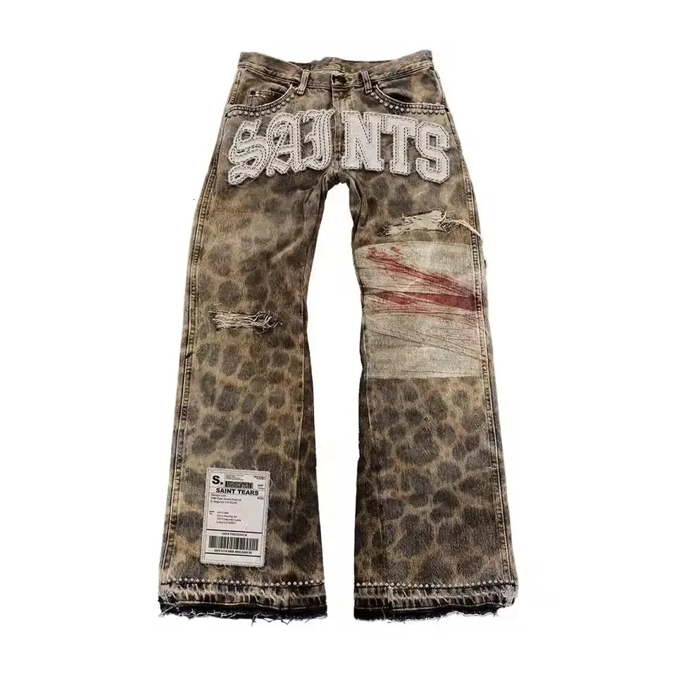 Gothic Retro Camouflage Leopard Jeans Jacket Two Piece Y2K Suit Letter Patchwork Embroidery Oversized Coats Trousers Clothes 250918