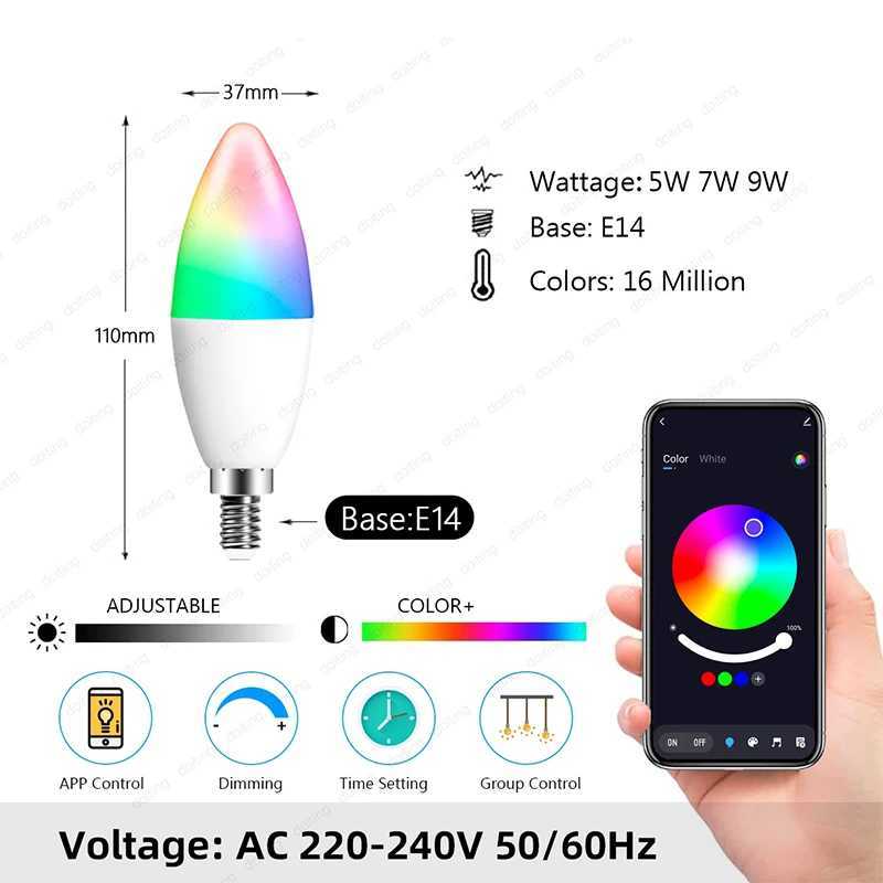 E14 Bluetooth Wifi Tuya Smart Led Chandelie Light Bulb RGB Color Change Lamps Smart Life APP Dimmable Alexa Google Home Voice C2509171