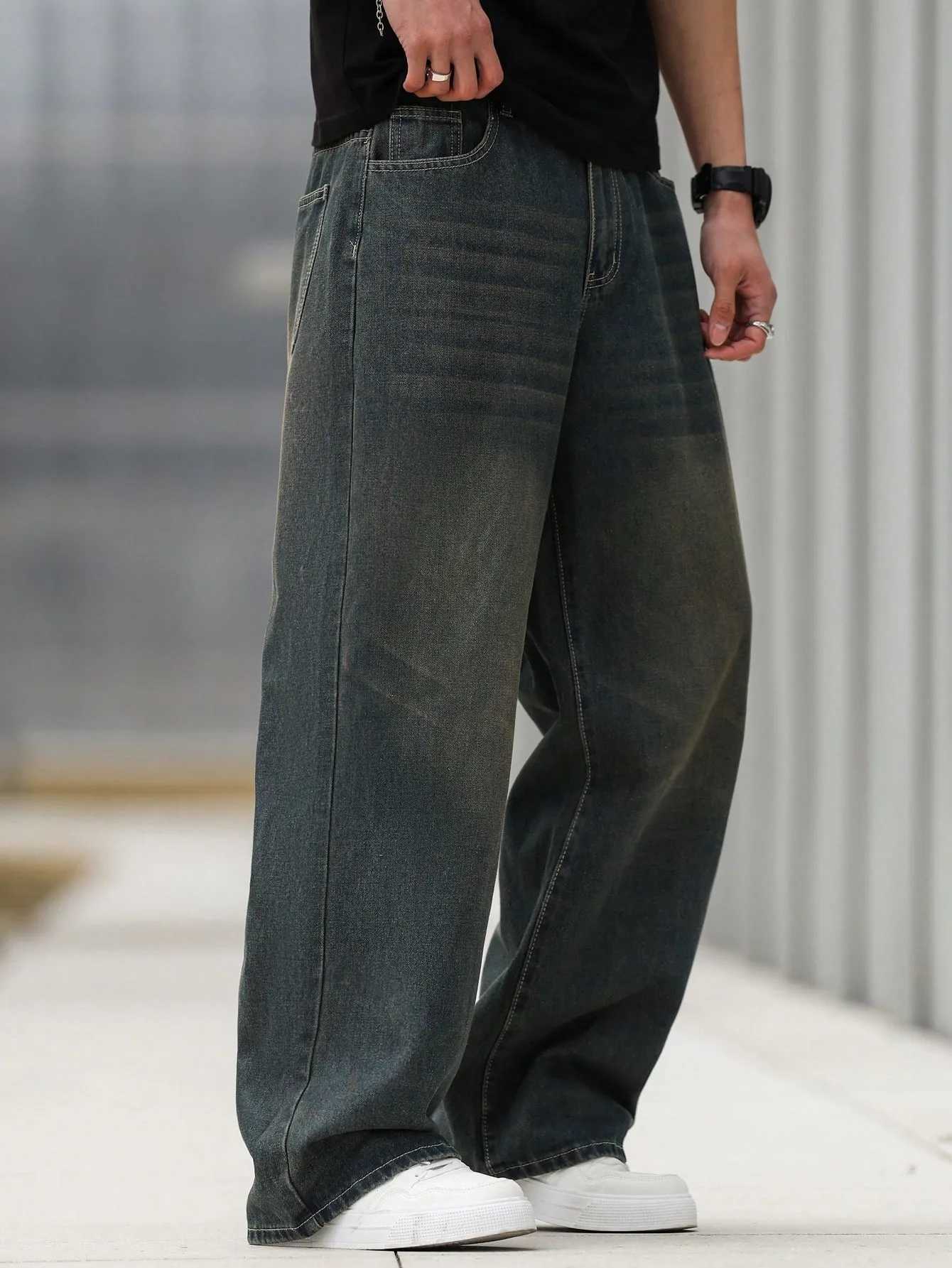 1Pc Mens Wide Pants Brushed Jeans Wide Jeans Y2K New Rocks Jeans Buggy Black HipHop PantsZ250917