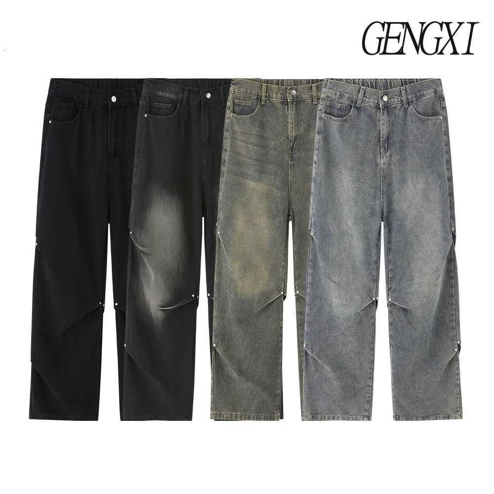 High street crease distressed design floorlength jeans Mens wideleg casual trousers Koreanstyle loose straightleg trousersZ250917