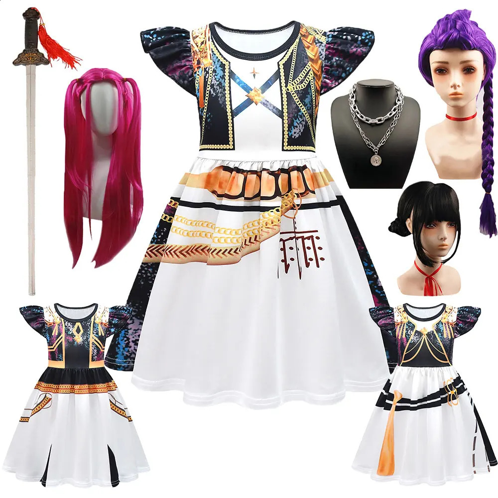 Halloween Kids Kpop Demon Hunters Costume Fashion Girls White Gold Dress Mira Rumi Zoey Dress Up Summer Party Princes Clothes 250916