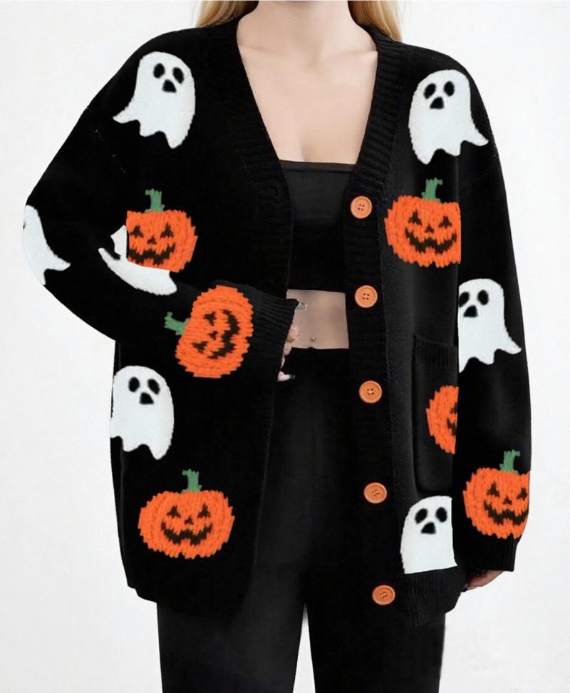 Women's Blouses Pumpkin Patterned Knitted Pullovers Halloween Festival Loose Fit Long Sleeve Sweater Autumn Winter O Neck Cardigan Jumpers
