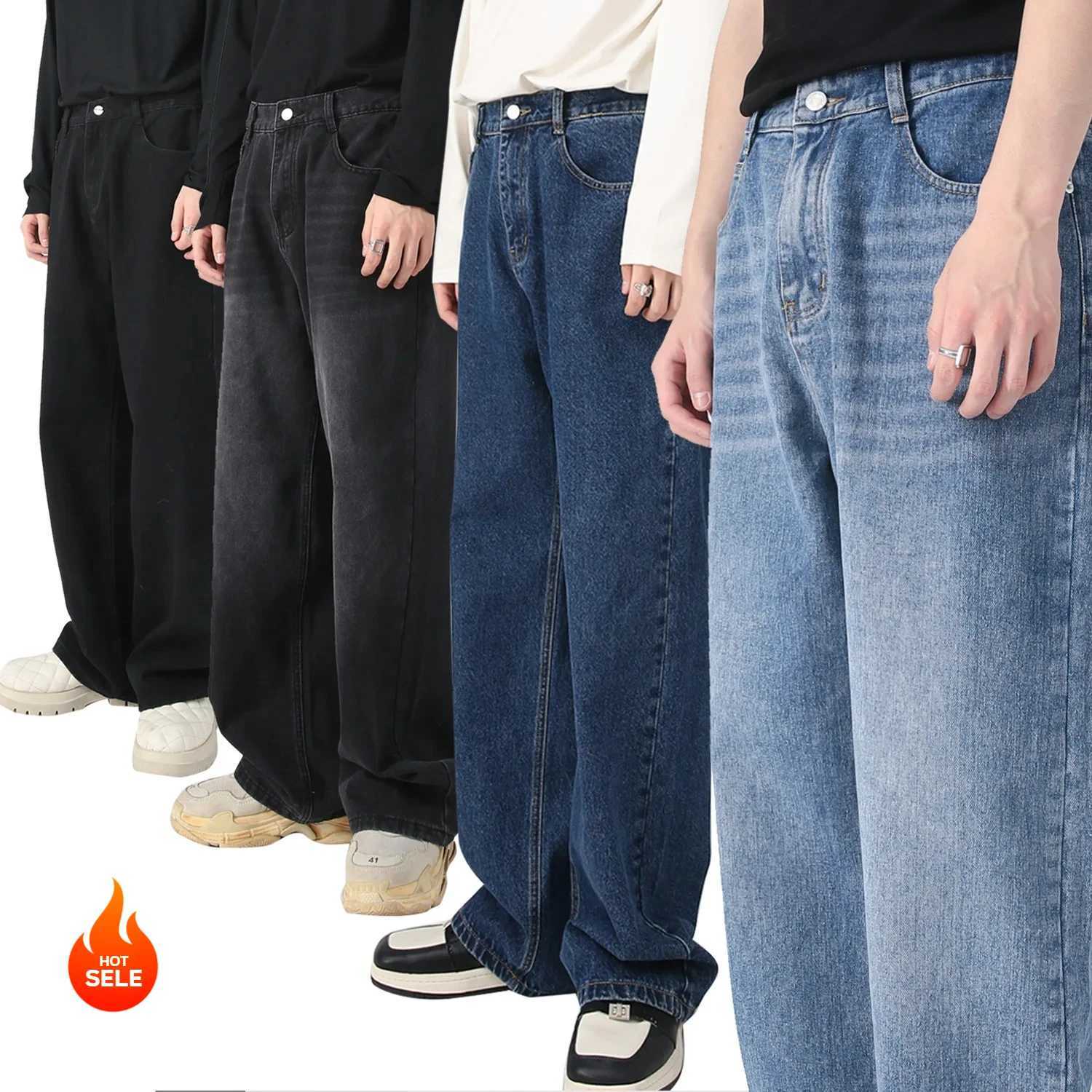 New Mens Baggy Straight Leg Wide Leg Jeans Male Fashion Vintage Wash Casual Denim Pants Youth Popular Brand Streetwear TrousersZ250917