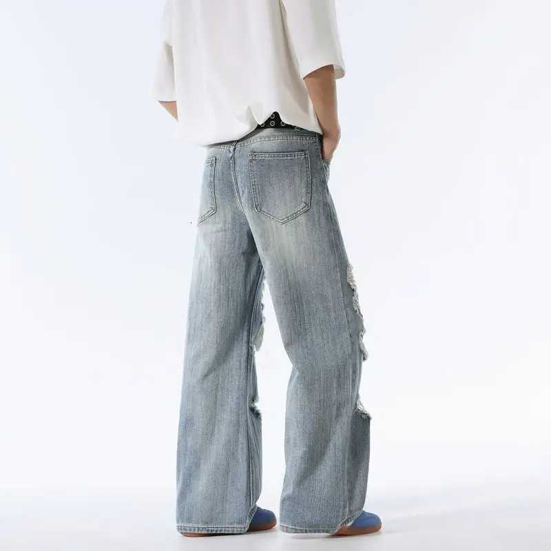 Mens Straight Leg Ripped Distressed Torn Holey Jeans American Style Loose High Waisted Autumn Men Wide Leg Vintage Baggy JeansZ250917