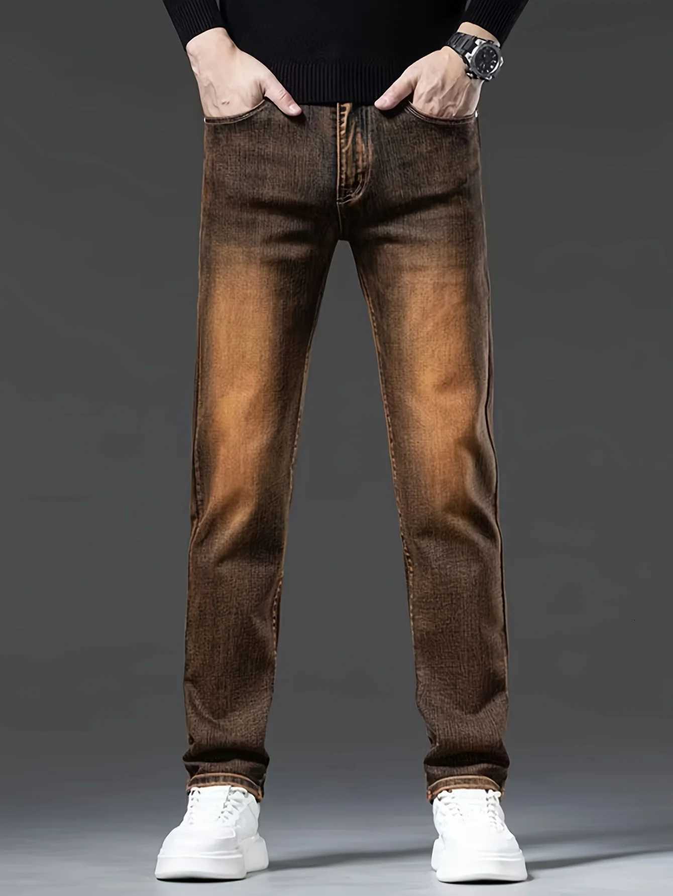 Vintage Fashion Mens Straight Jeans Stretch Washed Breathable Cowboy Casual Trousers New Trendy Gradient Color Denim PantsZ250917