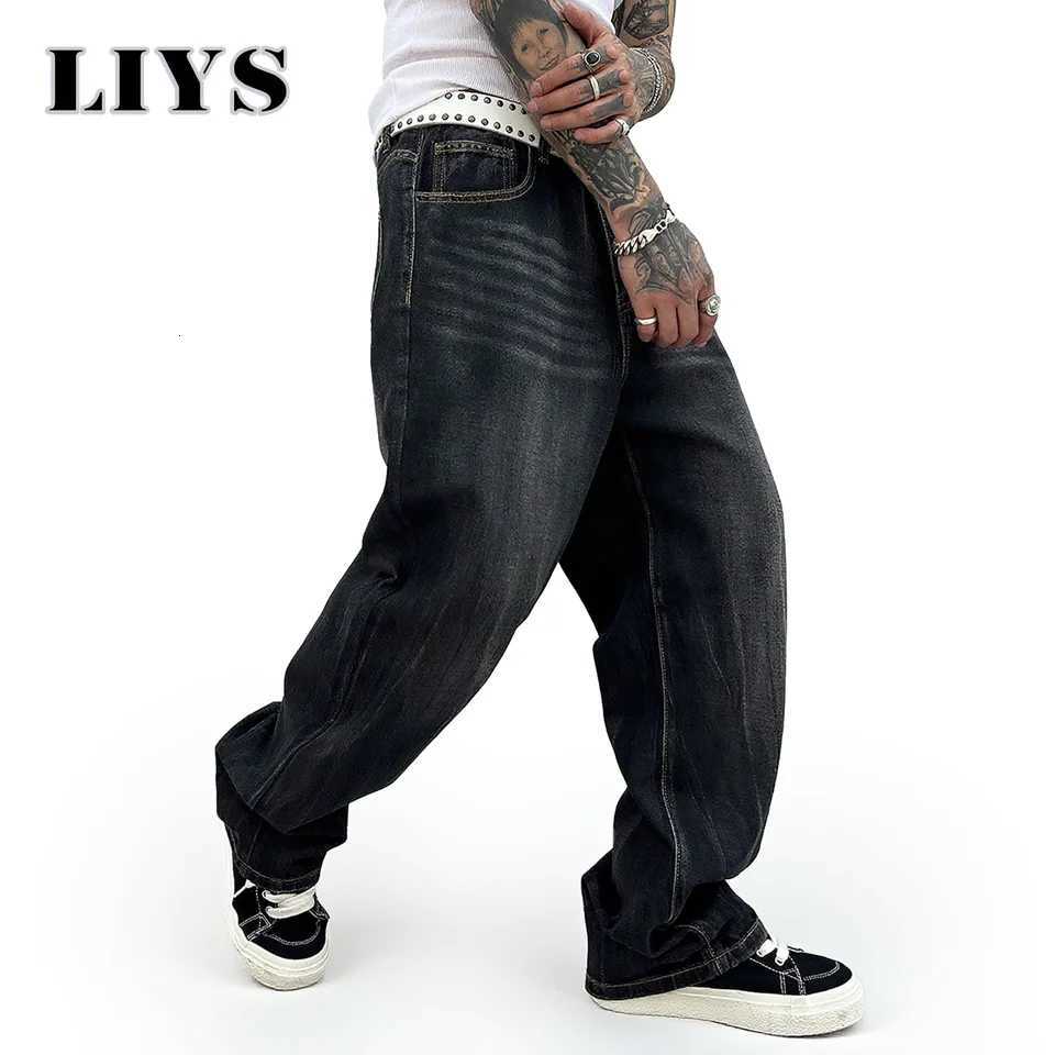 American Street Solid Retro Black Baggy Jeans Mens Autumn Winter Loose Tie Flower Wide Leg Denim Pants Daily Rest Stacked JeansZ250917