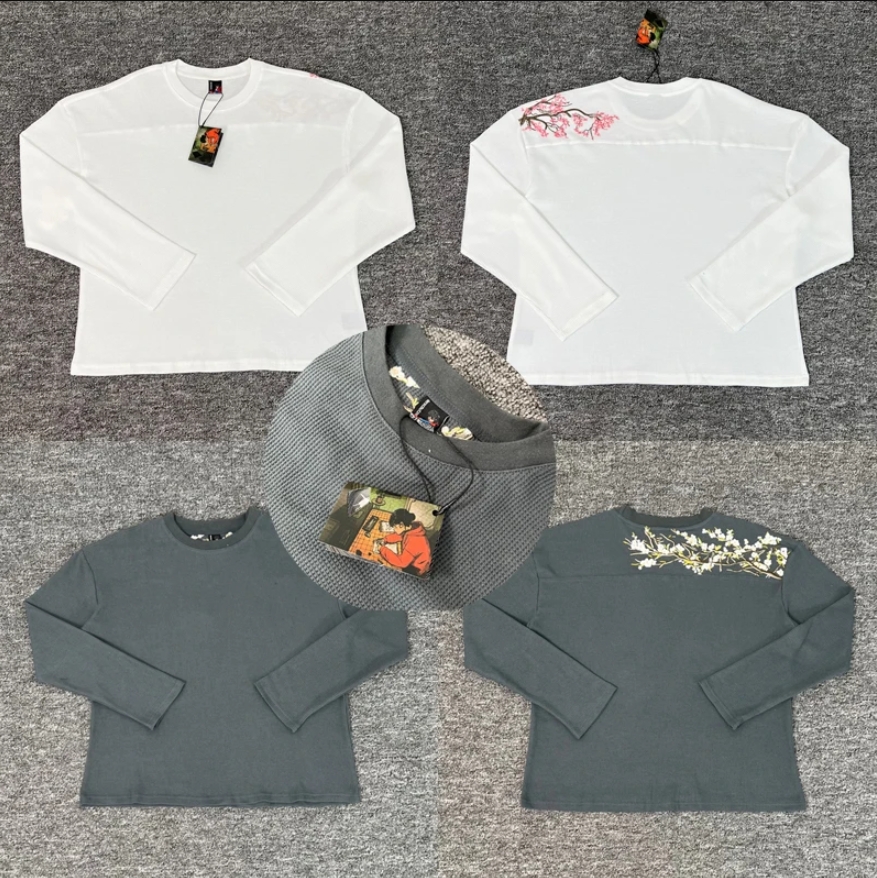 Derschutze Long-sleeved Tees High Street Fashion Waffle Fabric Embroidered Flower Men Women T-shirts