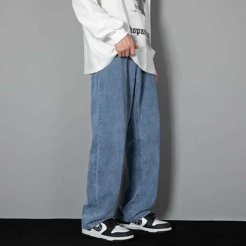 2025 New Korean Men Casual Long Straight Jeans Wide Leg Denim Pants Solid Color Light Blue Grey BlackZ250917