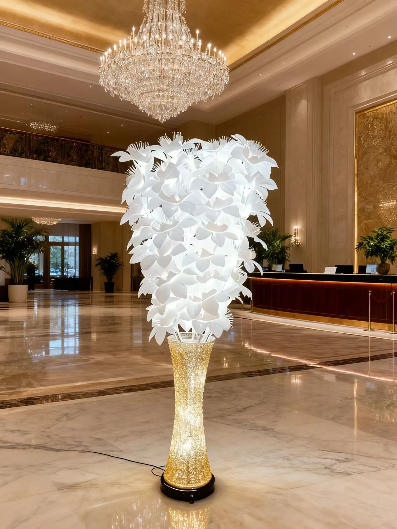 Elegant Crystalline Vessel Holding a Glimmering Optical Fibre Butterfly Bloom