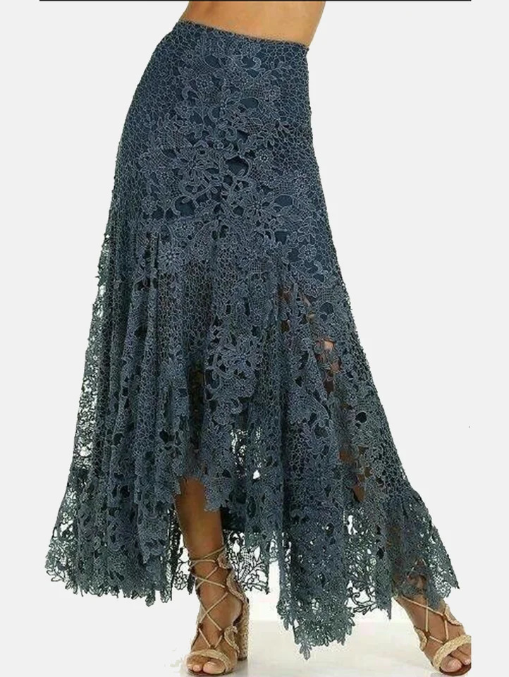 Elegant Lace Asymmetrical Skirt Women Vintage Y2K Boho High Waist Hollow Mesh Patchwork Layered Maxi Skirts Lady Holiday Outfits 250917