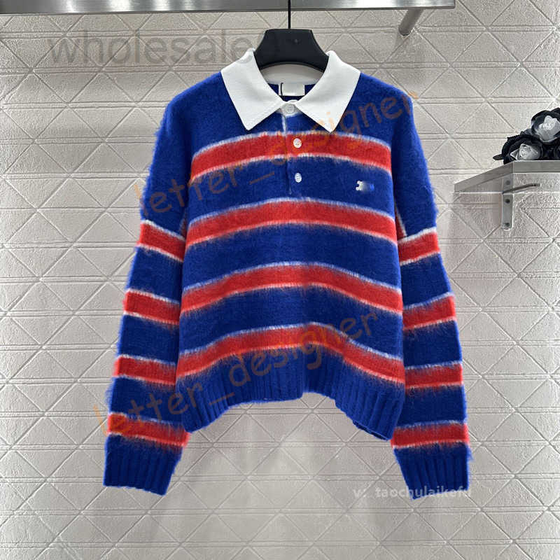Women's Sweaters designer Striped Color-Block Polo Collar Knitted Sweater Casual Lazy Style Loose Versatile Long Sleeve Top Autumn sweaters