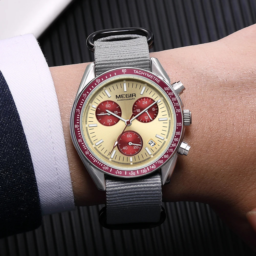 MEGIR Mens Watches Canvas Weaving Strap Sport Automatic Chronograph Quartz Waterproof Wristwatch for Male 2247 250916