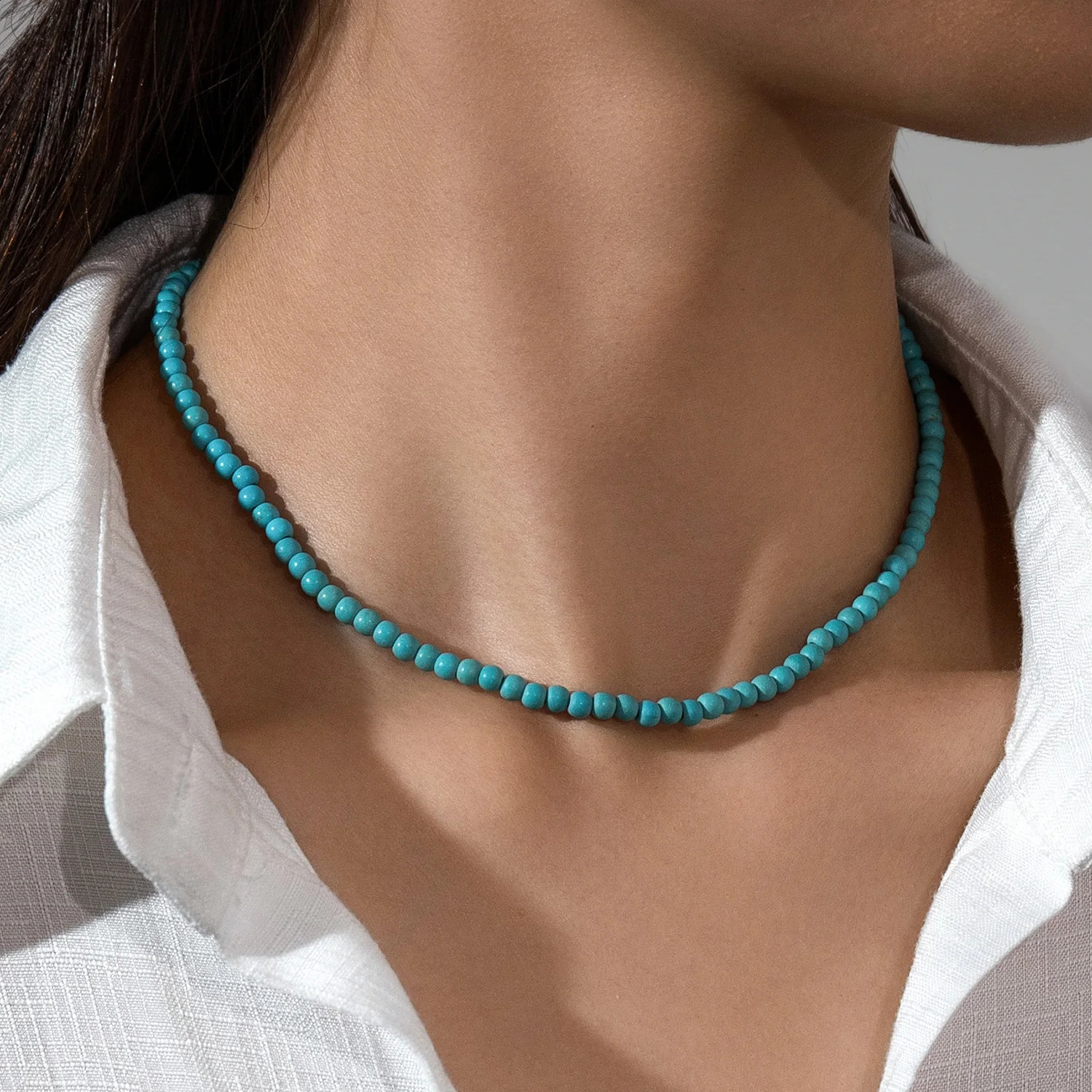Fashionable retro turquoise beaded short neck fitting womens necklace versatile for daily use 250916