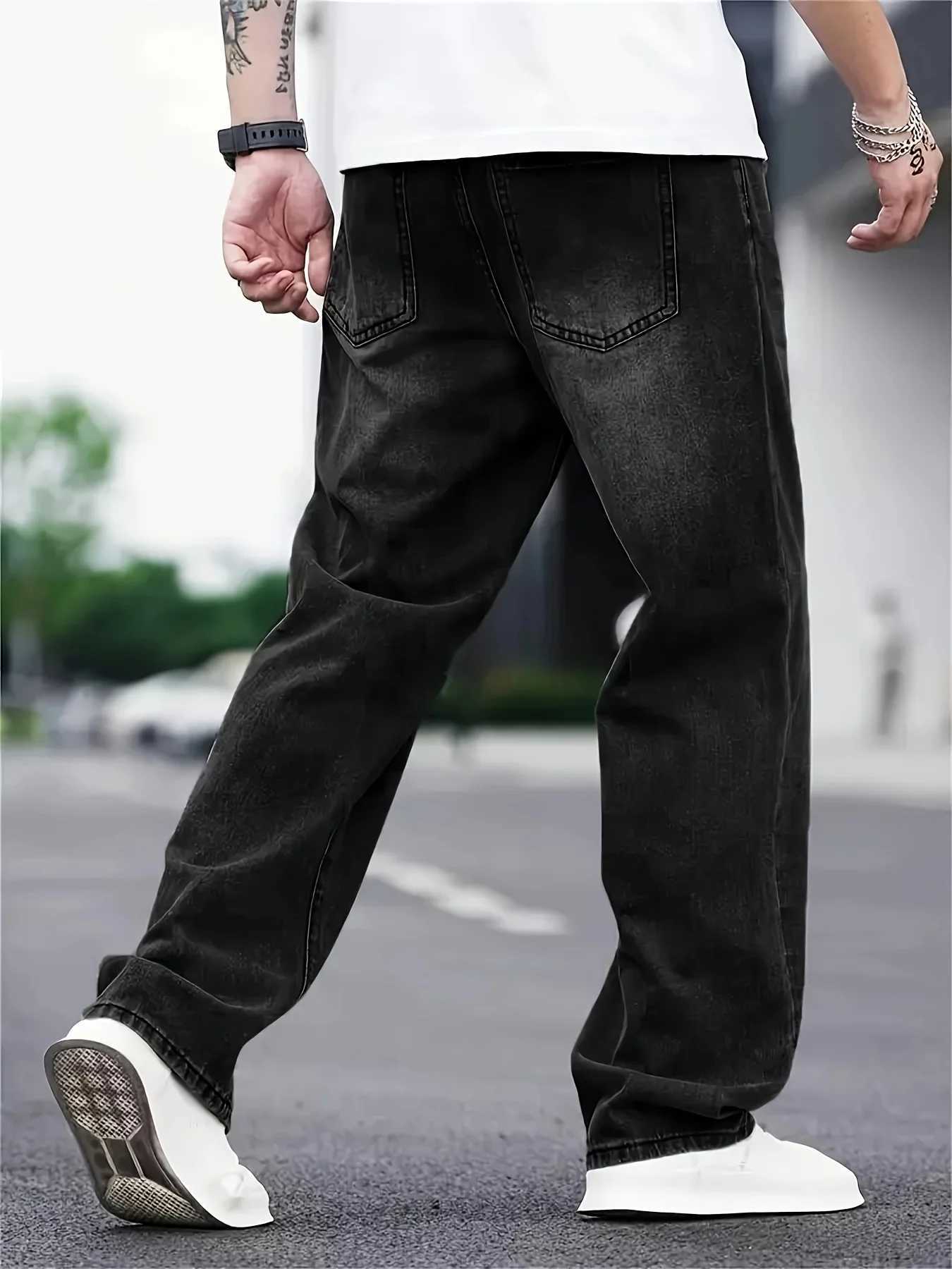 Mens fashion hip hop style loose straight jeans solid color American high street straight pantsZ250917