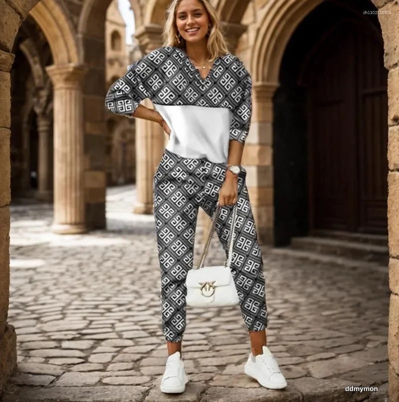 Women's Tracksuits Women Two Piece Set Tracksuit Spring Autumn Fashion Chain Print Long Sleeve Top Pencil Pants Ladies Casual Sport Outfits dmyMo