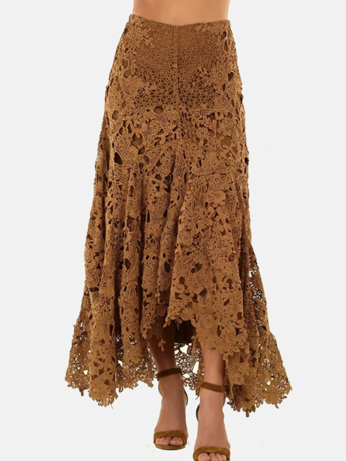 Elegant Lace Asymmetrical Skirt Women Vintage Y2K Boho High Waist Hollow Mesh Patchwork Layered Maxi Skirts Lady Holiday Outfits 250917