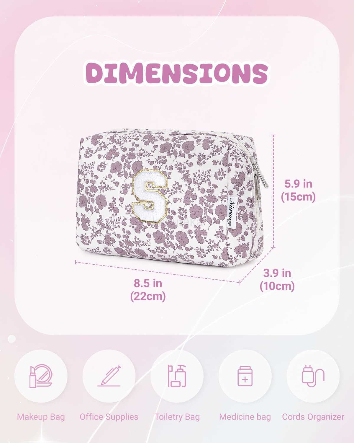 Narwey Birthday Gifts for Teen Girls Kids Women Personalized Initial Floral Makeup Bag Cute Cosmetic Trendy Stuff 6 8 10 11 12 13 14 16 18 Years Old T