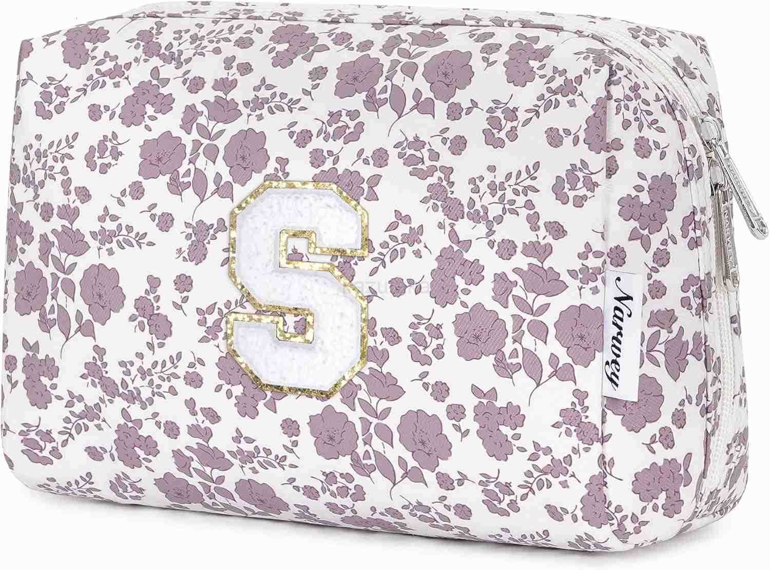 Narwey Birthday Gifts for Teen Girls Kids Women Personalized Initial Floral Makeup Bag Cute Cosmetic Trendy Stuff 6 8 10 11 12 13 14 16 18 Years Old T