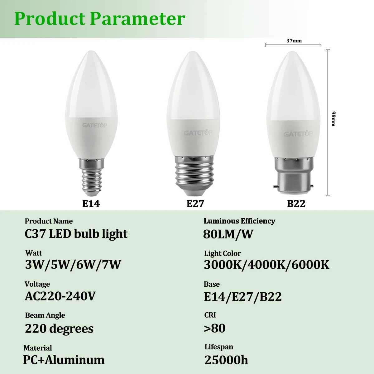 4pcs Led Candle Bulb C37 E14 E27 B22 220V Energy Saving Lamp 3W 5W 6W 7W Led Chandelier Light for Home Decoration C250917