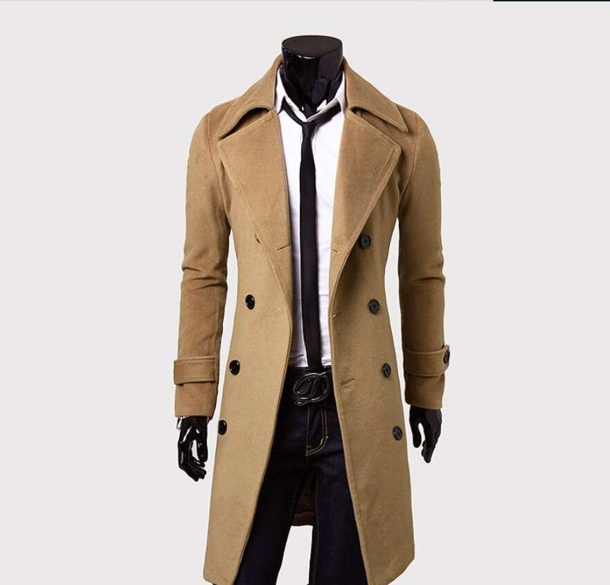 2025 New Men's Double-Breasted Nylon Trench Coat Mid-Length Slim Fit Casual Overcoat Jacket