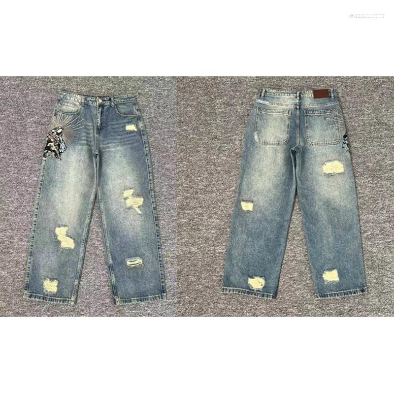 Men's Desinger Jeans Men Women Cherry Blossom Embroidery Derschutze Y2k Retro Baggy Street Straight High Waisted Washed Blue Denim Pants