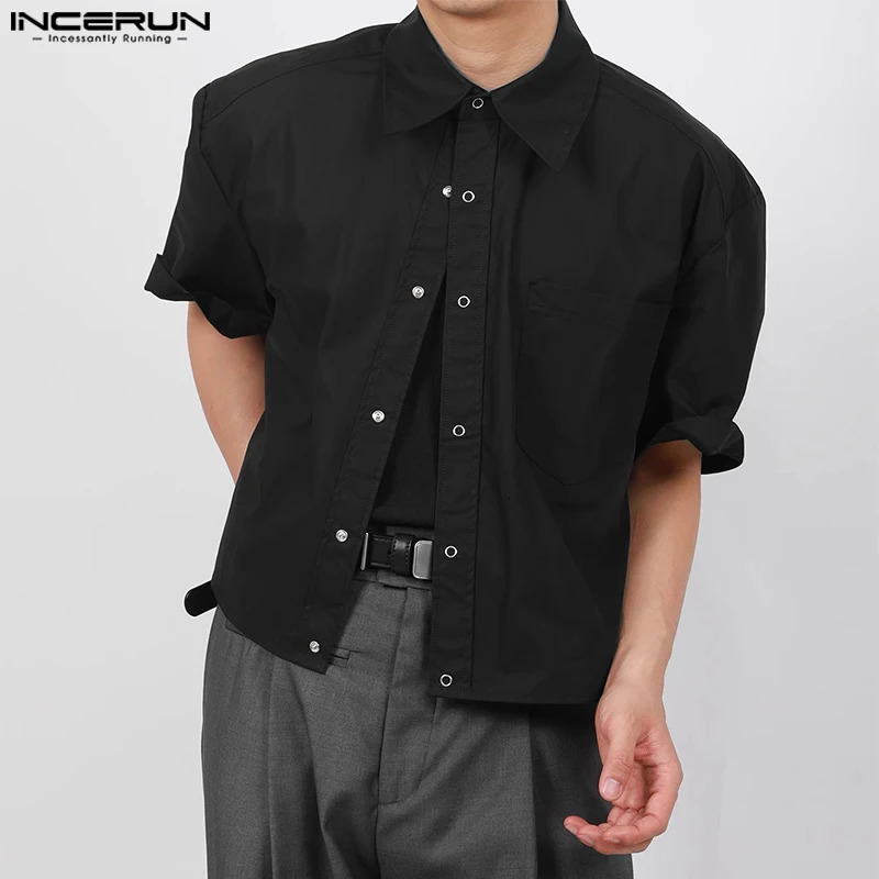 INCERUN Mens Shirts Solid Color Lapel Short Sleeve Pockets Button Male Crop Tops Streetwear Summer Loose Fashion Men Clothing 250917