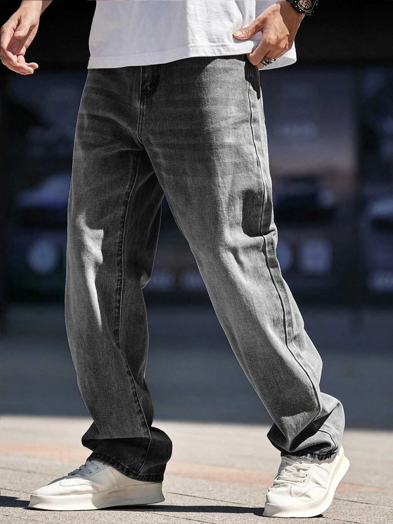 Mens straightleg tight grey jeans American street style hiphop design suitable for daily wearZ250917