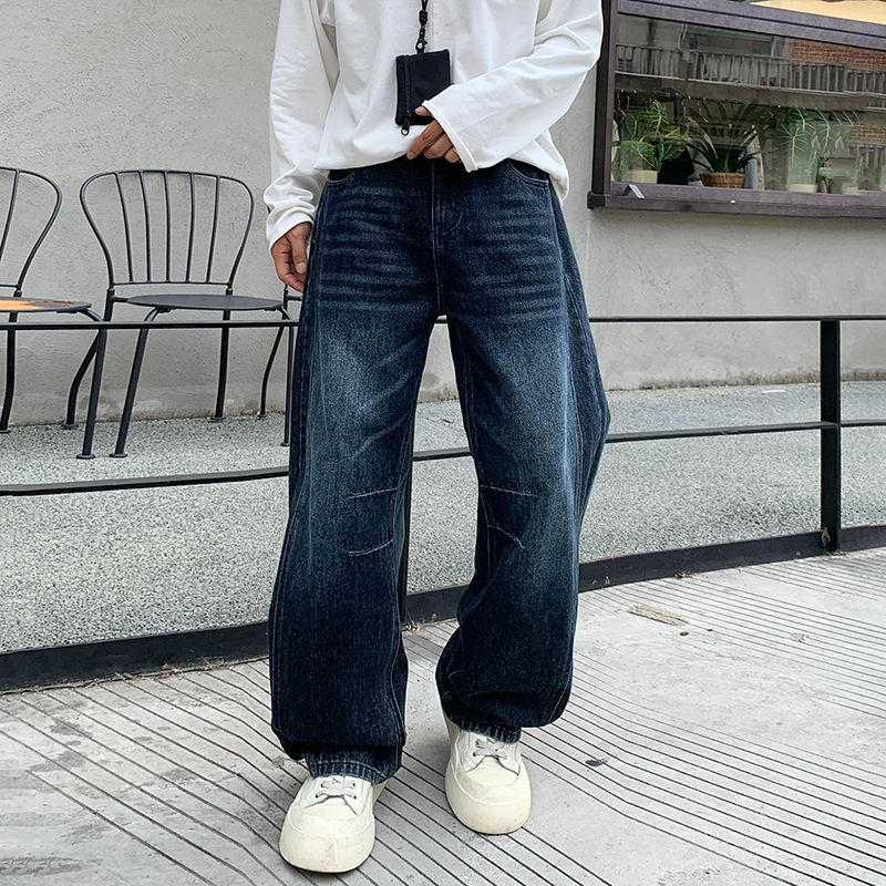 Men's Jeans Vintage American - Style Pleated Washed Jeans - Wide - Leg Sickle - Cut Denim Trousers-D6013