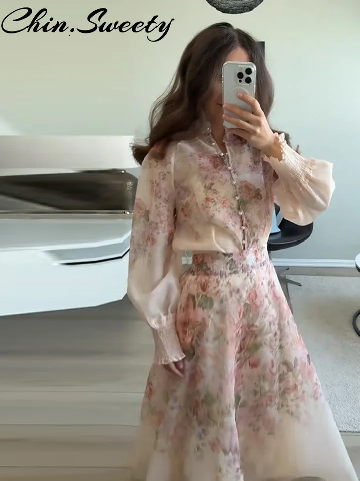 Womens Flower Printed Shirts Skirts Suit Casual Long Sleeve Button Shirt Pleated Zippers Autumn Lady Outfit 250917