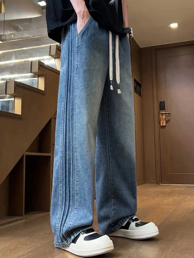 Three bar American retro jeans mens spring and autumn new style high street elastic waist loose casual mens straight leg longZ250917