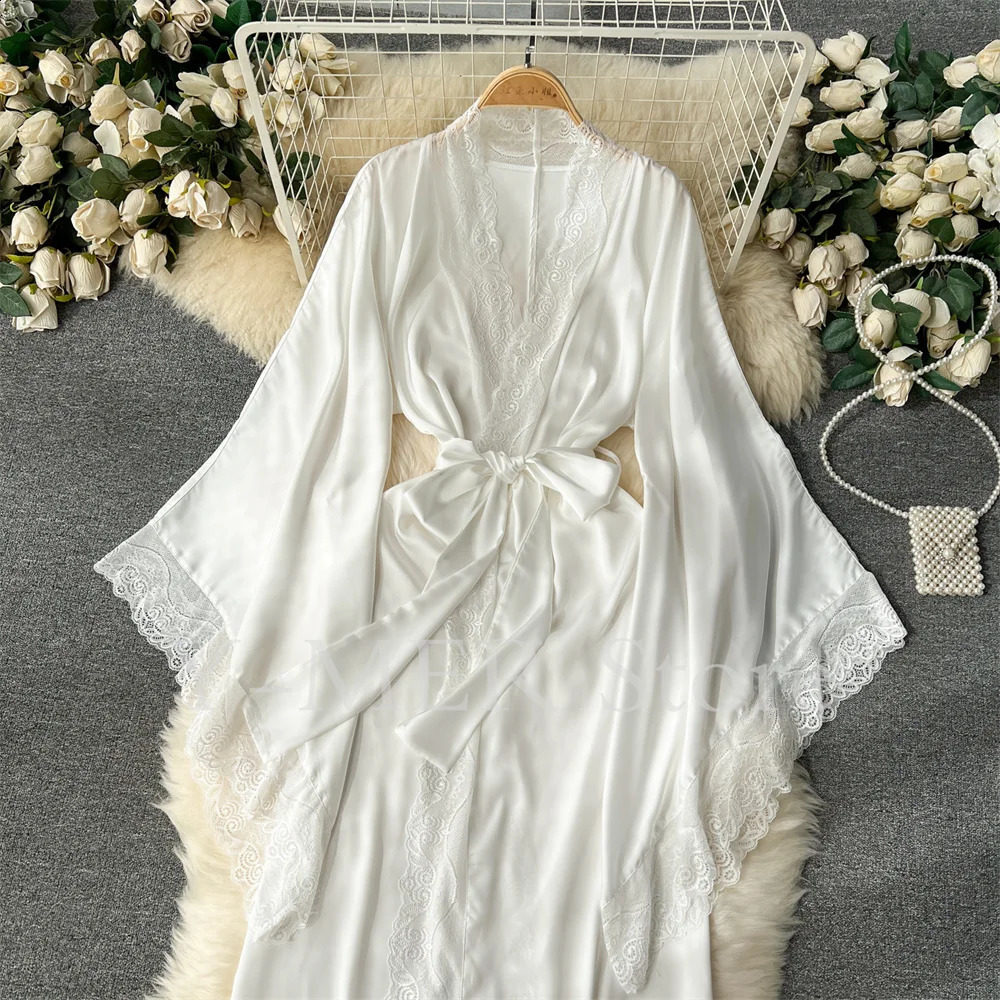 Ultra Long Birde Wedding Robe Dress White Kimono Lady Loose Sleepwear Sexy Big Lace Sleeve Bathrobe Nightwear Rayon Peignoirs 250916