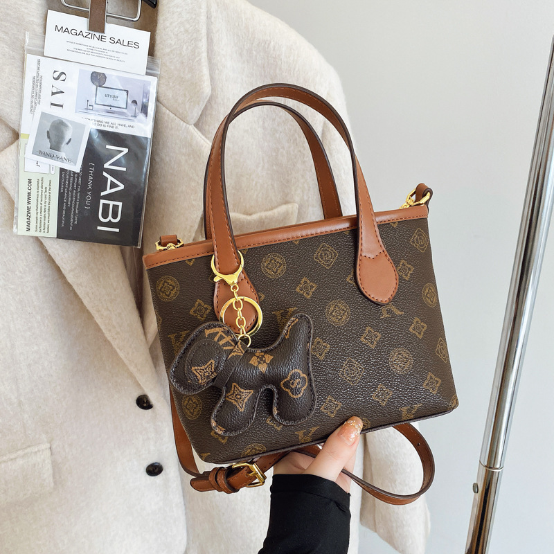 Luxuru Bag Women's Handbag Fall Winter New Vintage Print Crossbody Bucket Tote Bag, Top Handle Purse with Cute Dog Pendant Charm Fashion Shoulder
