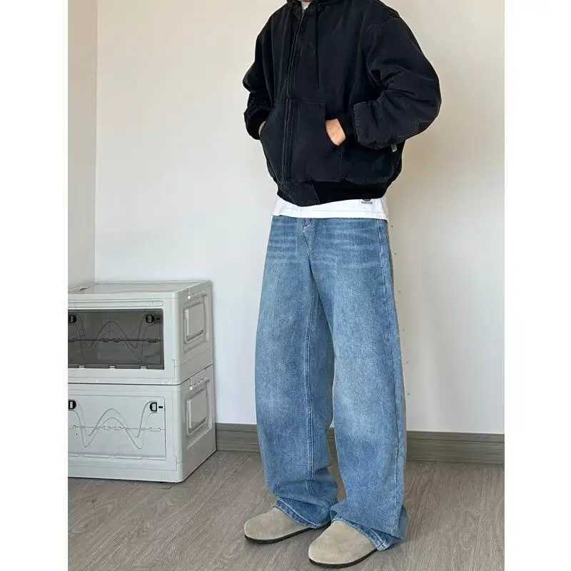Mens Baggy Jeans Y2k Straight Leg Mid Waisted Solid Streetwear Loose Fit Vintage Hip Hop Denim PantsZ250917