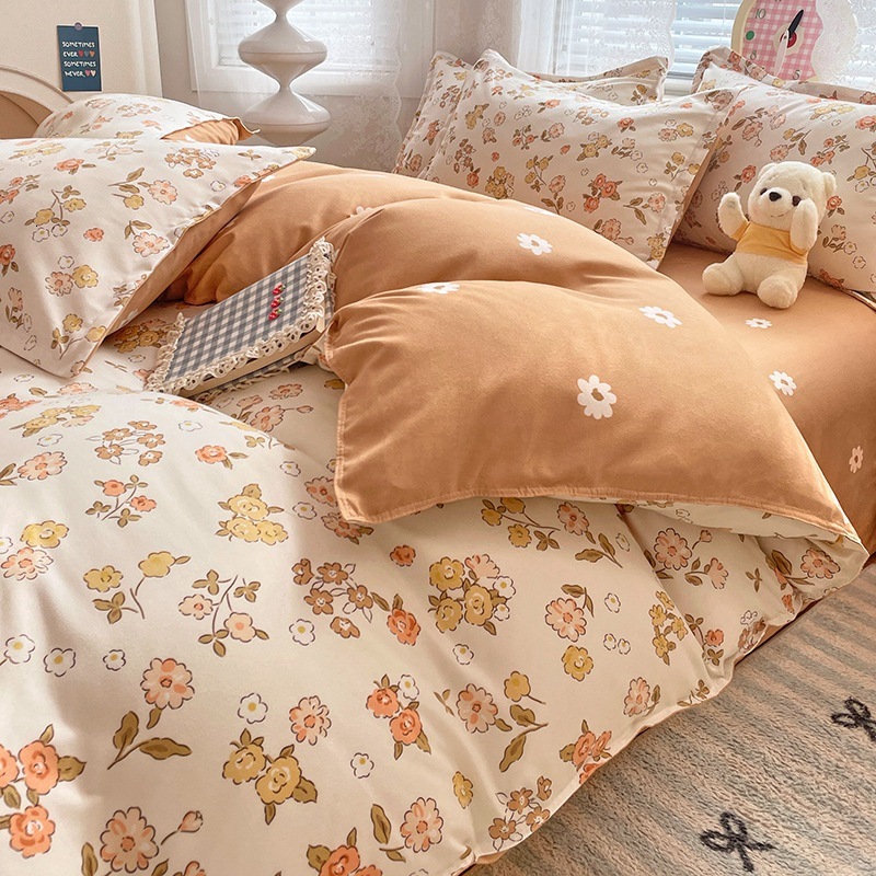 Four Seasons Pure Brushed Four-Piece Skin-Friendly Twill Dormitory Three-Piece Set Fresh Washed Cotton Bed Sheet Duvet Cover