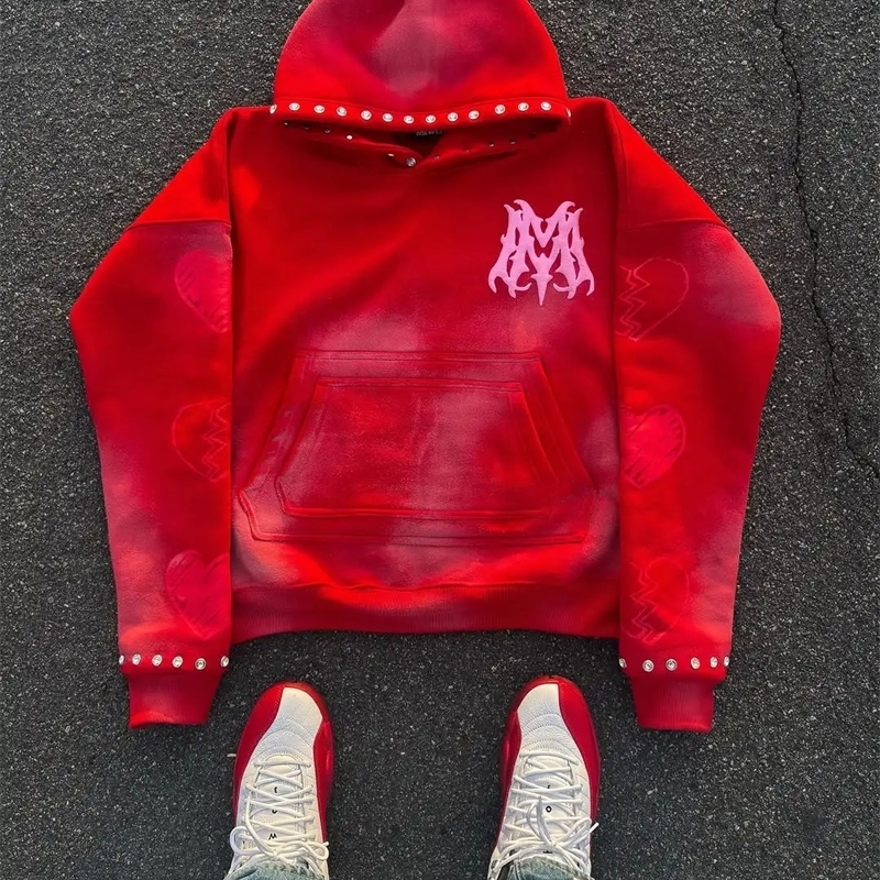 Y2K Red Rivet Element Retro Casual Hoodie Oversized Sportswear Zipper Hoodie Street Hip Hop Top 250916