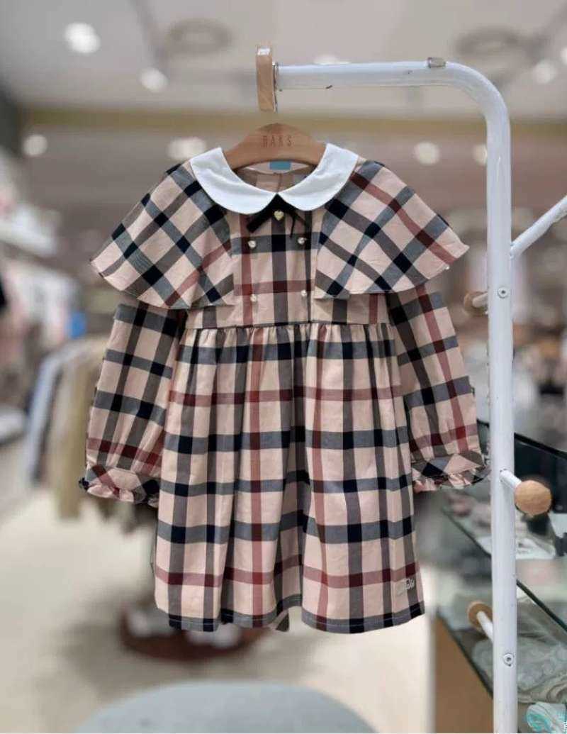 Korean Childrens Girls White Collar Plaid Dress 806 C250917