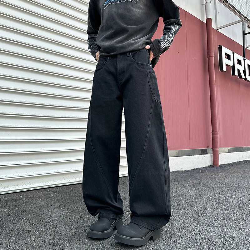 New Washed Jeans Street Trousers Male Denim Pants Solid Color Wide Leg Pant Button Casual Streetwear Hip Hop Oversized versionZ250917