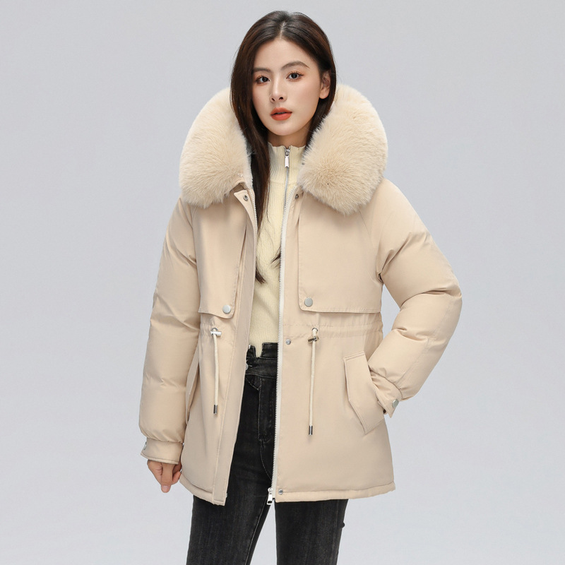 Womens MidLength Down Cotton Jacket Parka 2023 Autumn Winter New Loose Thickened Warm Large Fur Collar Cotton Coat 201217