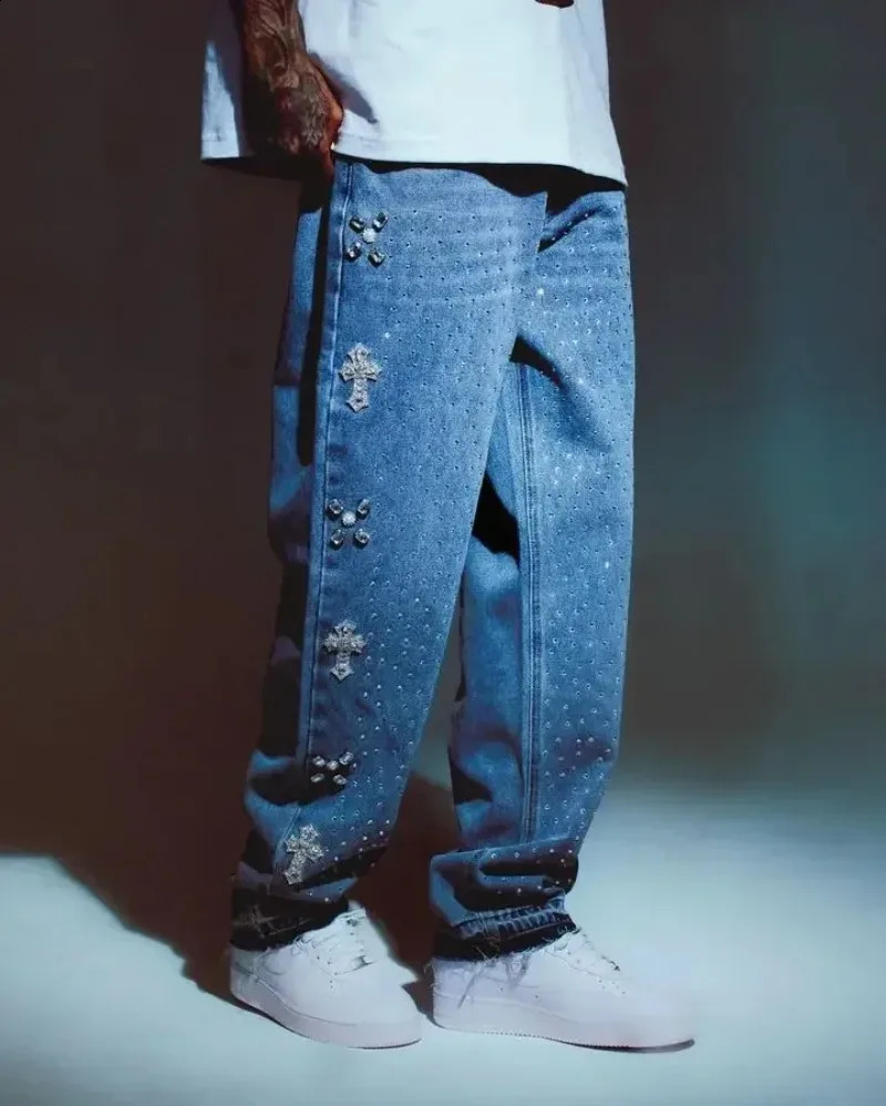 American Street Fashion Rhinestone Lavata Blu Bluys Jeans Mens Y2K Harajuku Hip Hop Goth Goth High Wital Wide Panteri 250916 250916-image