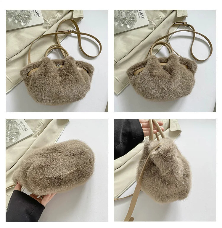 Handheld Plush Shoulder Bag for Women Belt n Furry Bucket Purse Handbags Winter Soft Faux Fur Female Crossbody Bags 250916